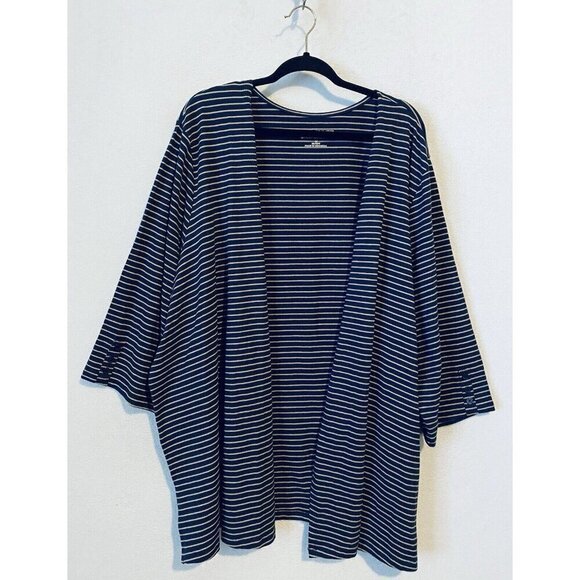 Catherines Cardigan Womens 4X Navy Blue Tan Striped Open Front Knit Classic - Picture 1 of 8